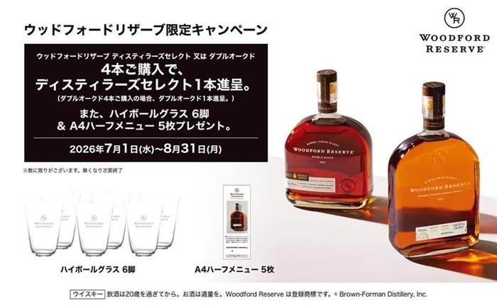 「ウッドフォードリザーブ 限定キャンペーン」4本ご購入で1本進呈！！